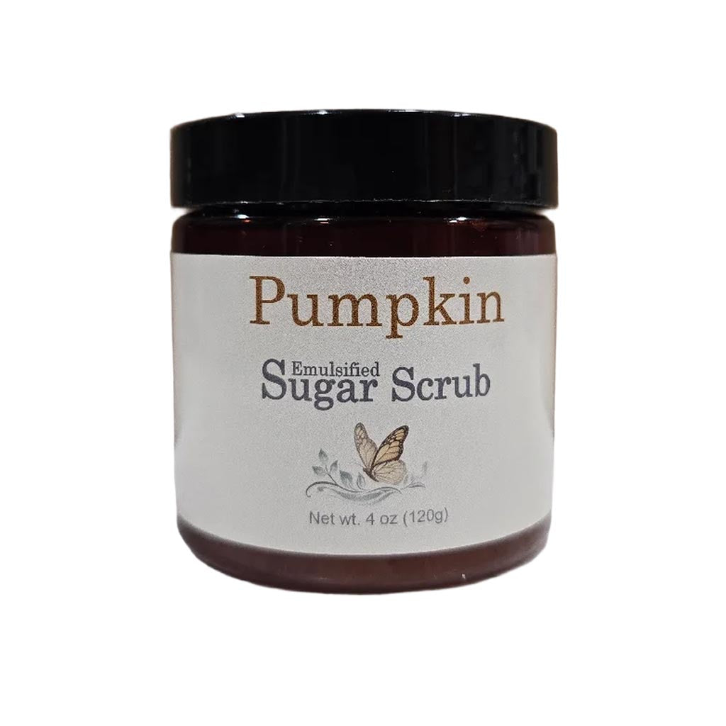pumpkin emulsified sugar scrub shown in an amber jar