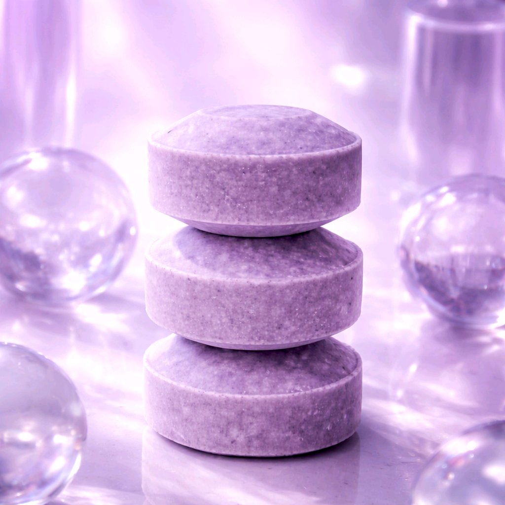 Lavender solid shampoo bars on a purple background with bubbles