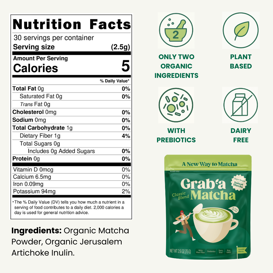 Grab’a Matcha Organic Instant Matcha Green Tea Powder with Prebiotics, Unsweetened, Easy to Make Matcha Latte Mix, Unique Christmas Gift or Stocking Stuffer for Tea Lovers, 30 Servings, From Uji Japan (75g / 2.65oz)