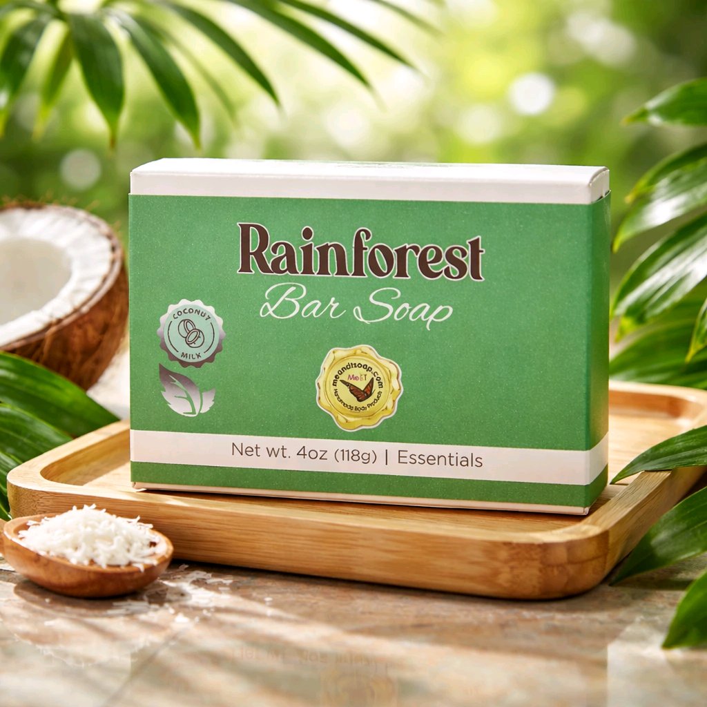 rainforest bar soap box on a wood tray