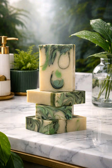 Rainforest bar soap stack on a marble countertop with greenery behind