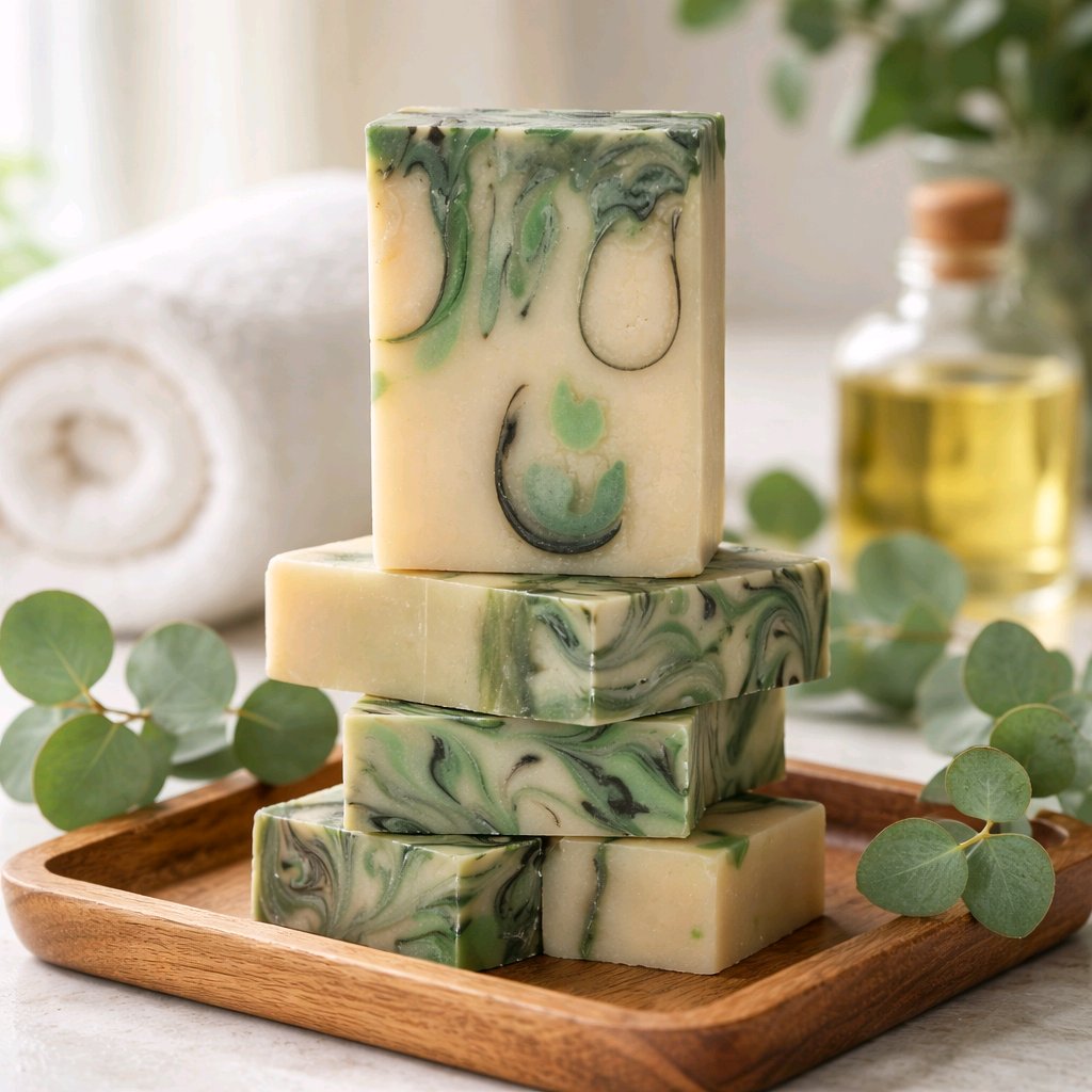 rainforest bar soap stacks on a wooden tray