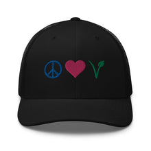 Peace, Love, Vegan Trucker Hat with Premium Multi - color Stitched Embroidery - Vegan America