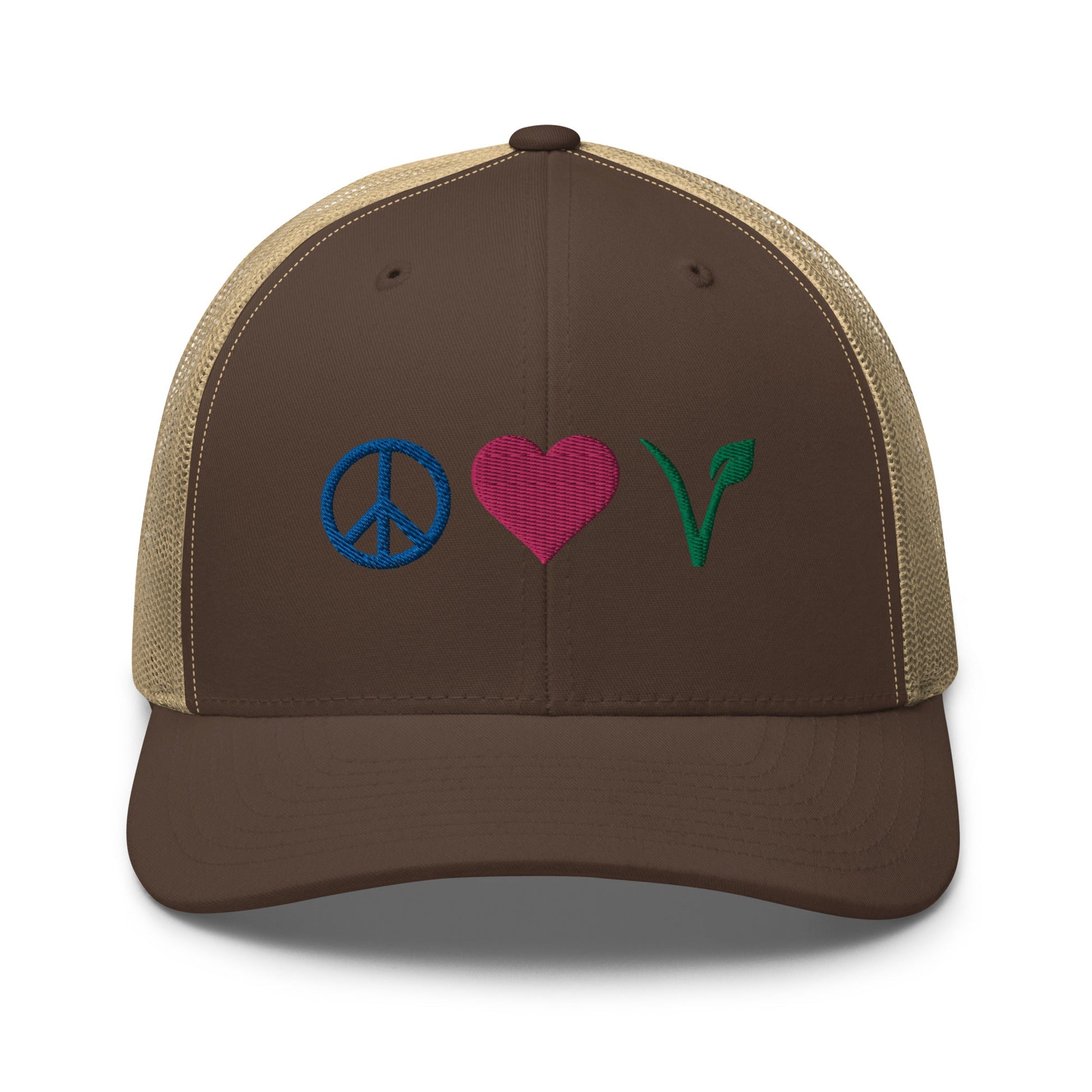 Peace, Love, Vegan Trucker Hat with Premium Multi - color Stitched Embroidery - Vegan America