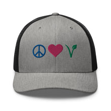 Peace, Love, Vegan Trucker Hat with Premium Multi - color Stitched Embroidery - Vegan America