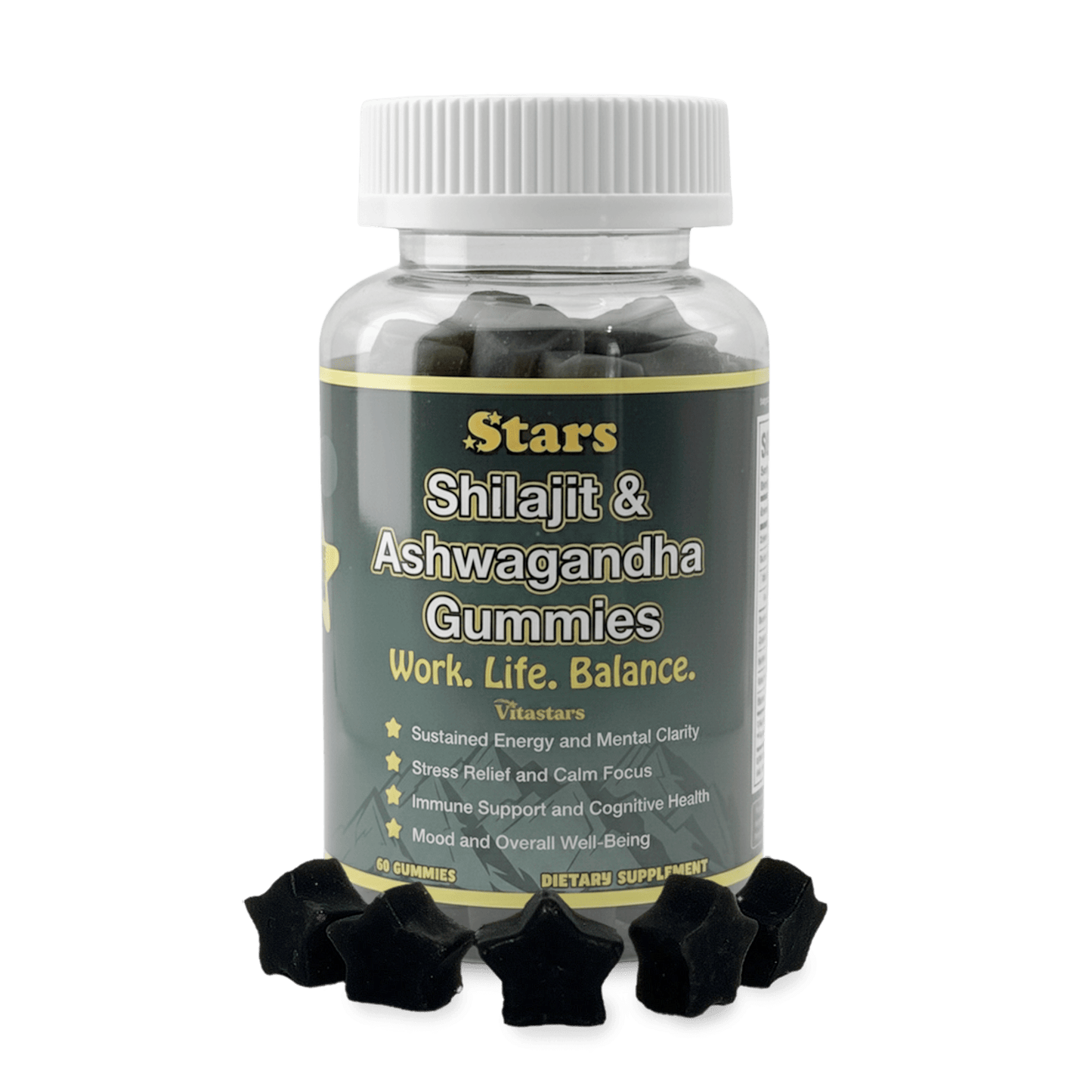 Stars Work. Life. Balance. Shilajit & Ashwagandha Gummies + Chaga Mushroom Vitamin D2 & B12 - Vegan America