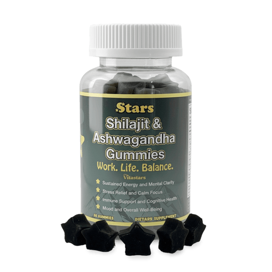 Stars Work. Life. Balance. Shilajit & Ashwagandha Gummies + Chaga Mushroom Vitamin D2 & B12 - Vegan America
