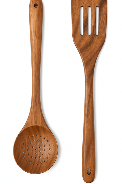 18" Acacia Wooden Holed Spoon/Slotted Spatula/Set | Cajun Cooking Utensils - Vegan America