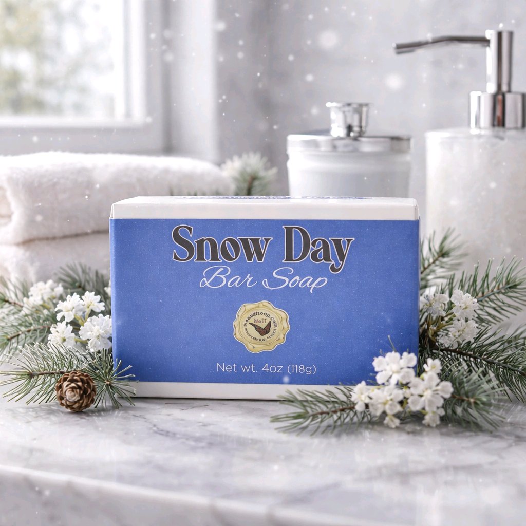snow day bar soap box on a countertop with snowy background