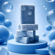 snow day bar soap stack on a blue background with bubbles
