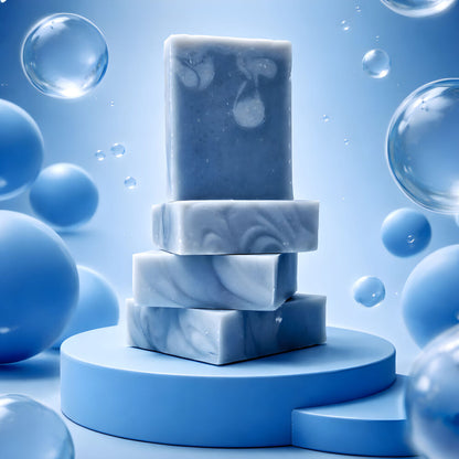 snow day bar soap stack on a blue background with bubbles