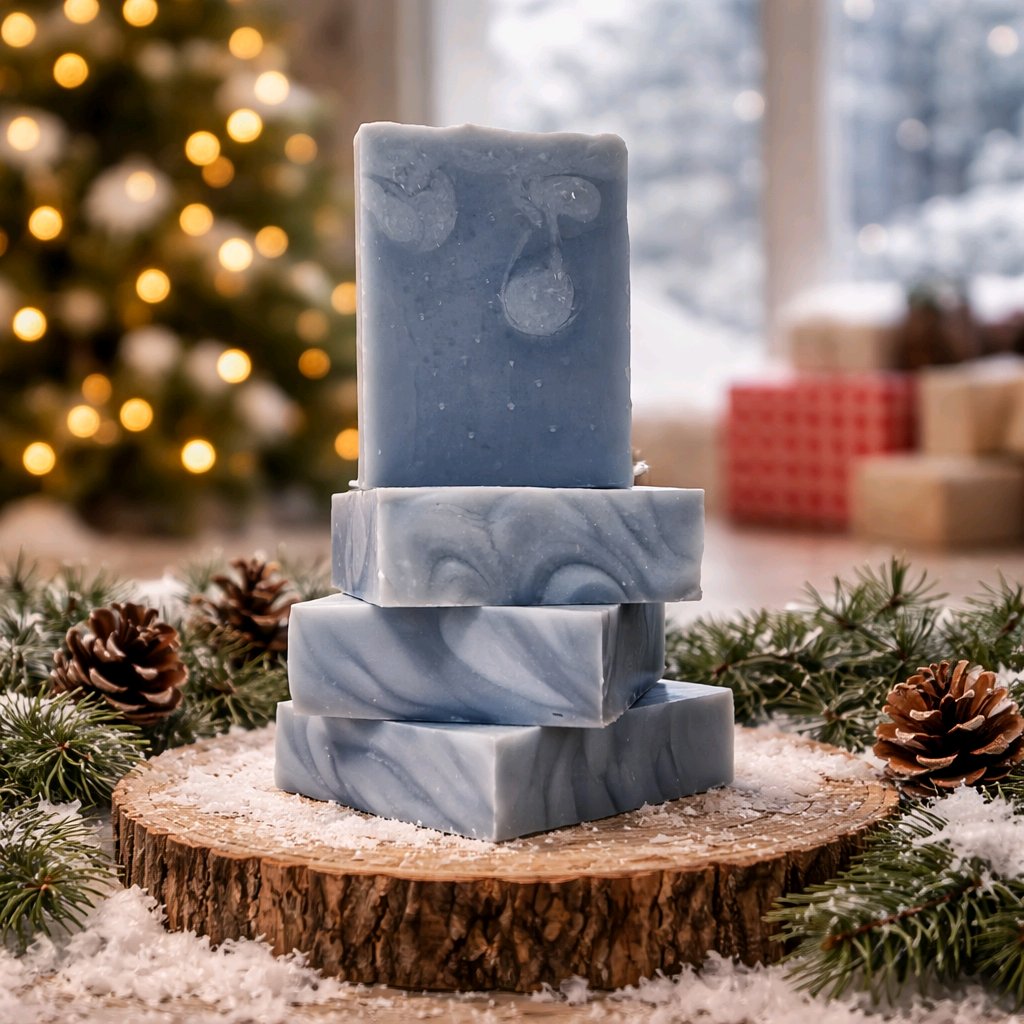 snow day bar soap stack with christmas in the background