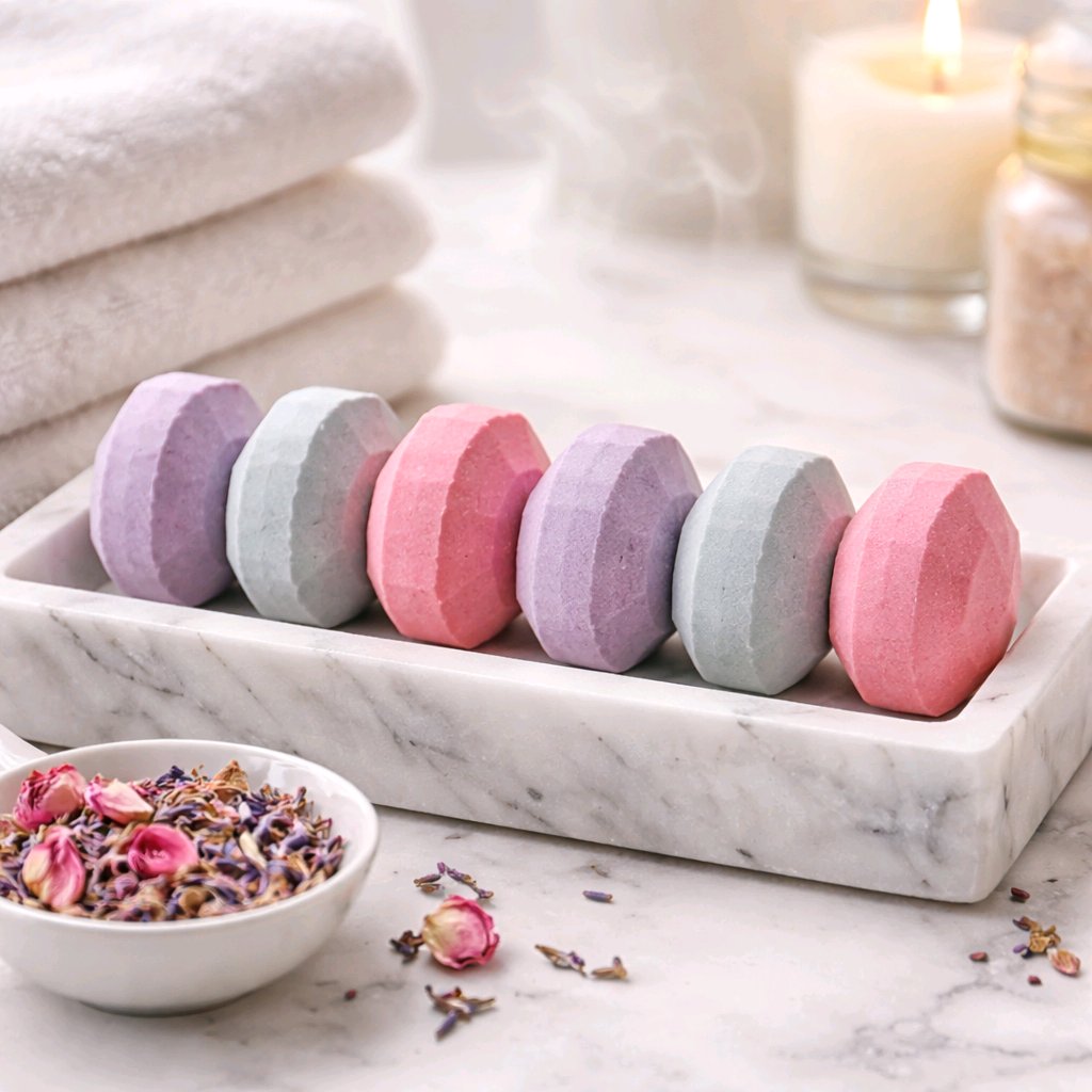 solid shampoo bars horizontally stacked on a marble dish
