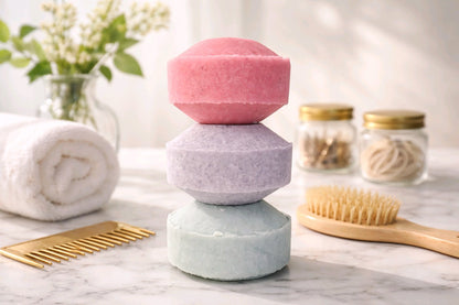 solid shampoo bars of different colors stacked vertically