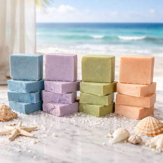Stacks of cold process salt bars on a countertop