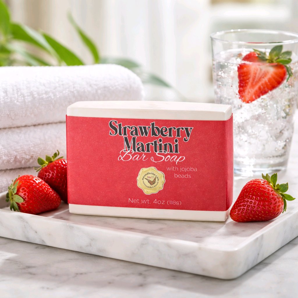 Strawberry Martini Bar Soap Box on marble with strawberries around it