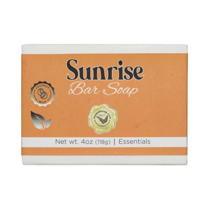 Sunrise Bar Soap shown in a white box with an orange label