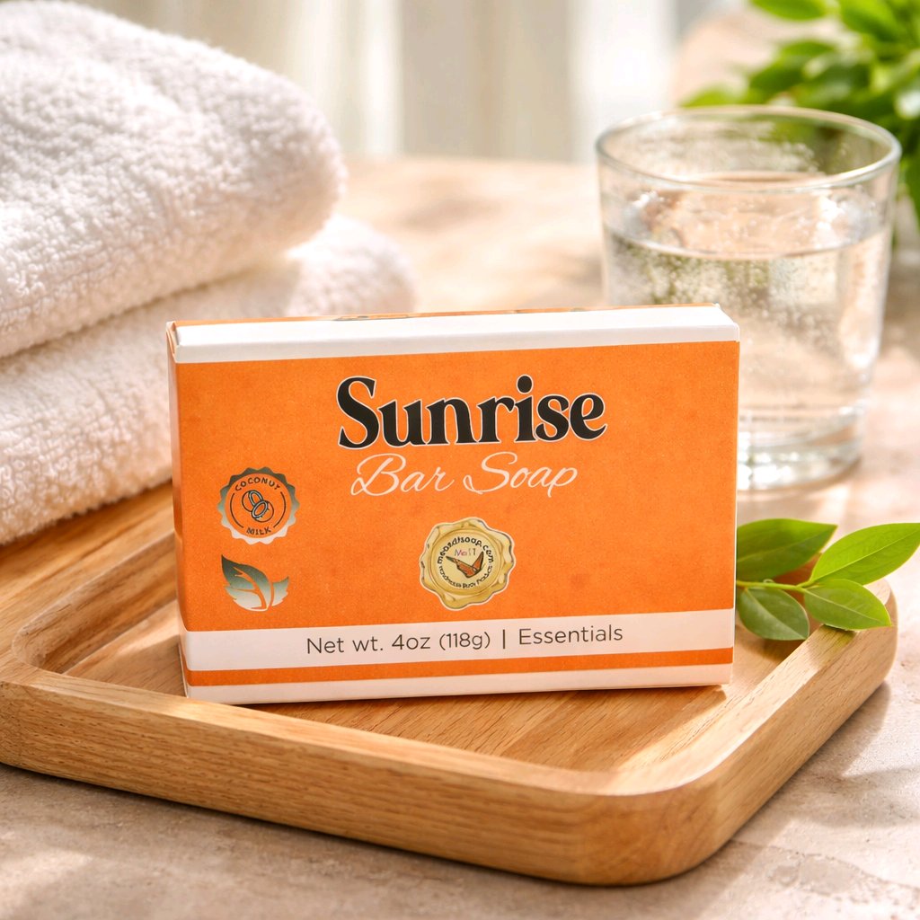 Sunrise bar soap box in a wood tray