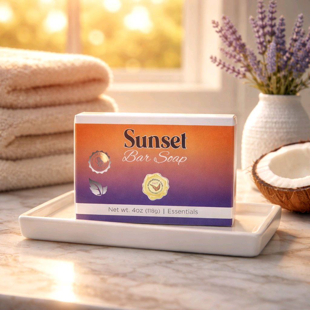 Sunset bar soap box on a white tray