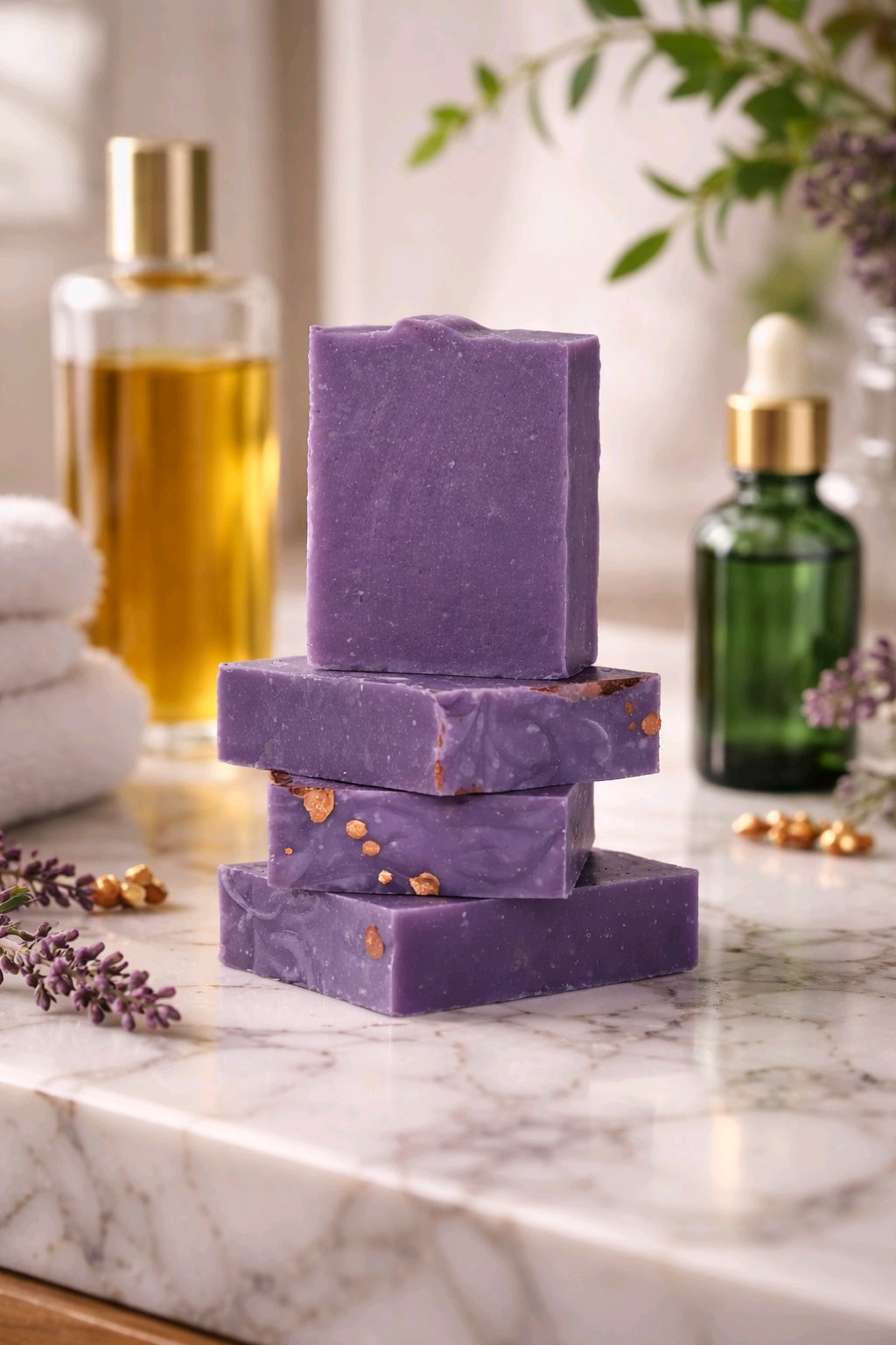 Sunset bar soap stack with bottles behind