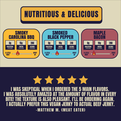 3 Bag Variety Pack | Best-Selling Flavors | Includes Maple Bacon, Smoked Black Pepper, & Smoky Carolina BBQ | Gluten-Free, Non-GMO, Plant-Based Jerky (Copy)