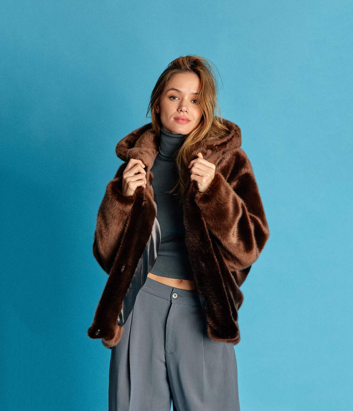 Tabatha Chocolate Vegan Fur Hooded Short Coat - Vegan America