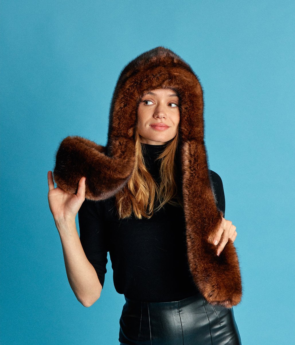 Suzon Warm Brown Vegan Fur Hooded Scarf - Vegan America