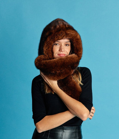 Suzon Warm Brown Vegan Fur Hooded Scarf - Vegan America