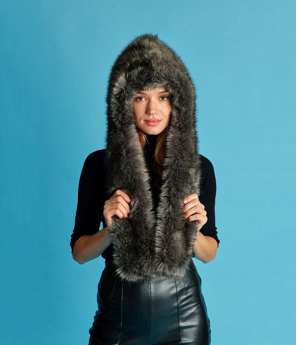 Suzon Intense Grey Vegan Fur Hooded Scarf - Vegan America