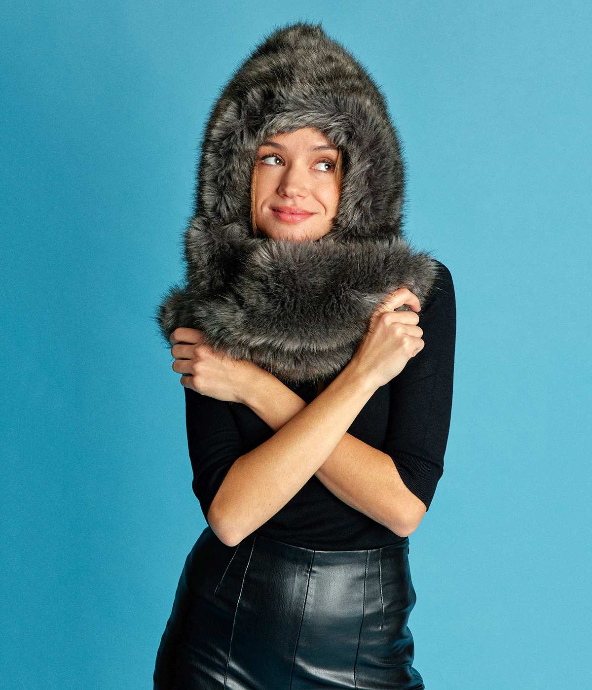 Suzon Intense Grey Vegan Fur Hooded Scarf - Vegan America