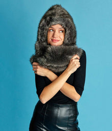 Suzon Intense Grey Vegan Fur Hooded Scarf - Vegan America