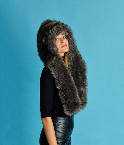 Suzon Intense Grey Vegan Fur Hooded Scarf - Vegan America