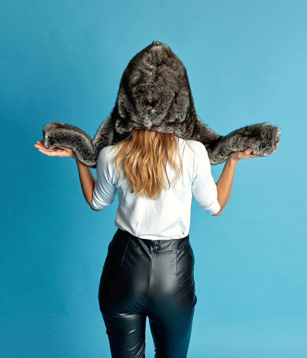 Suzon Polar Grey Vegan Fur Hooded Scarf - Vegan America