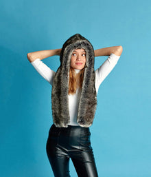 Suzon Polar Grey Vegan Fur Hooded Scarf - Vegan America