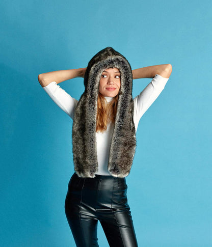 Suzon Polar Grey Vegan Fur Hooded Scarf - Vegan America