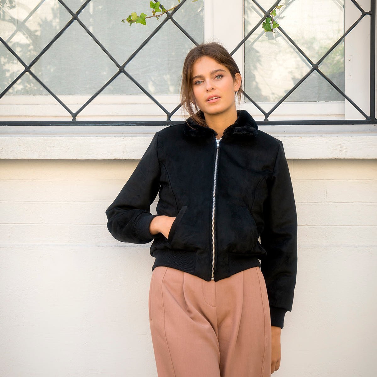 Vickie Black Vegan Suede Jacket with Faux Fur Lining (Women) - Vegan America