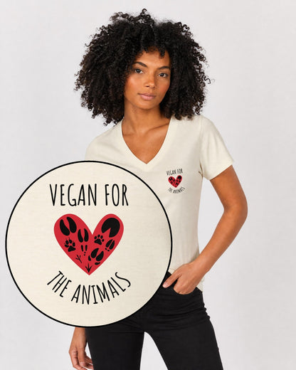 Vegan For The Animals Heart Women's V Neck T-Shirt - Vegan America