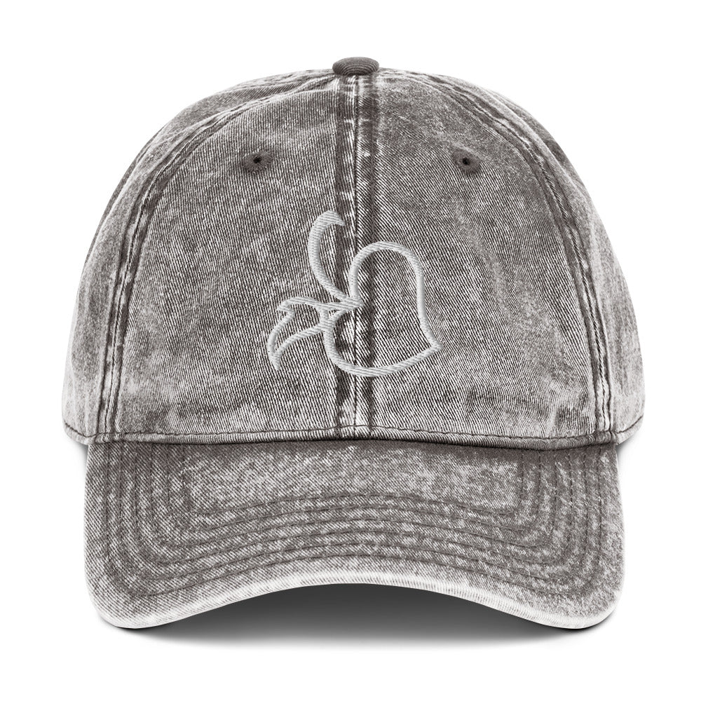 Front view of Bare Life's charcoal gray denim Cocoa-Chic Cap featuring the embroidered Bare Life logo in white stitching.