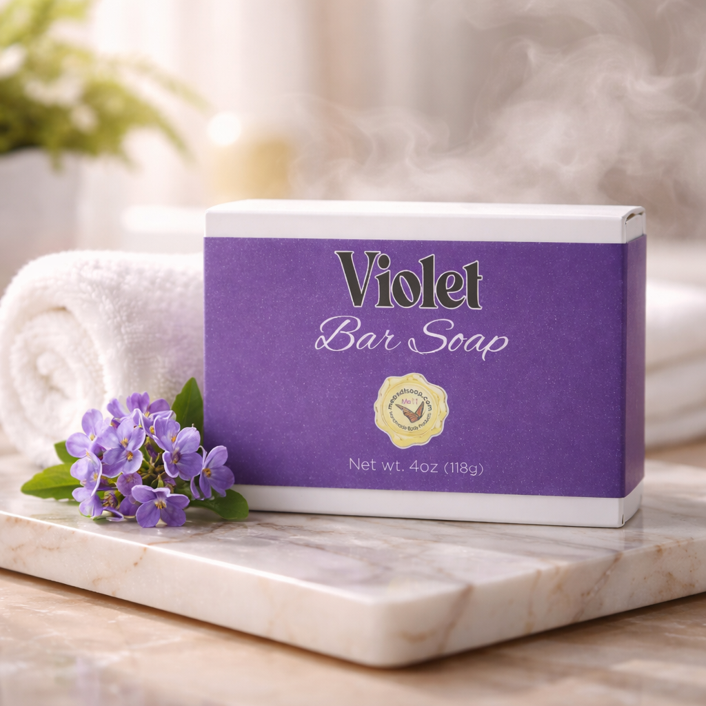 violet bar soap box on a marble slab with a lilac flower
