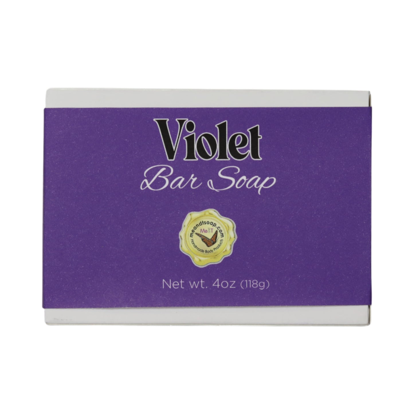 Violet bar soap in a white box with a purple label