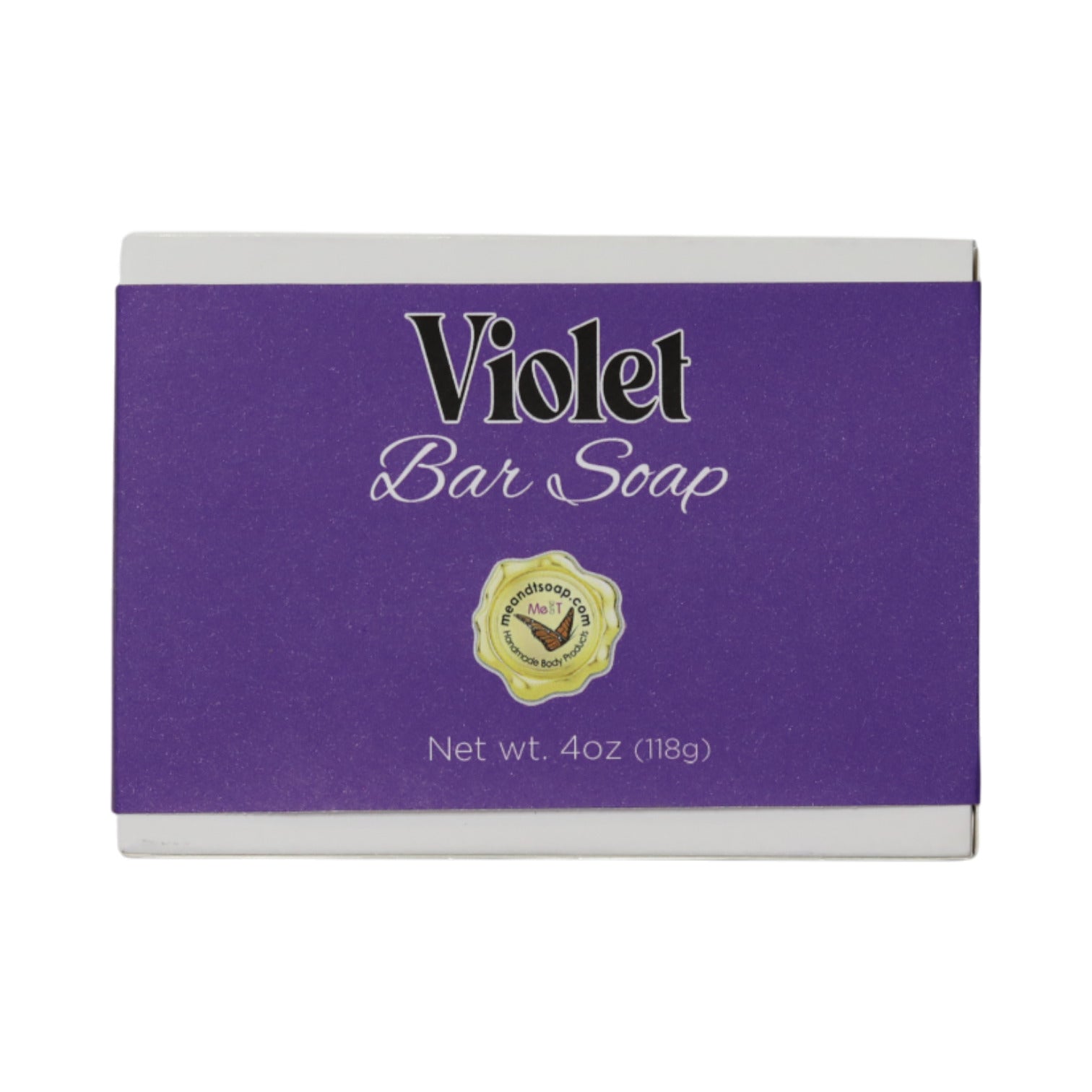 Violet bar soap in a white box with a purple label