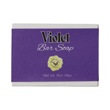 Violet bar soap in a white box with a purple label