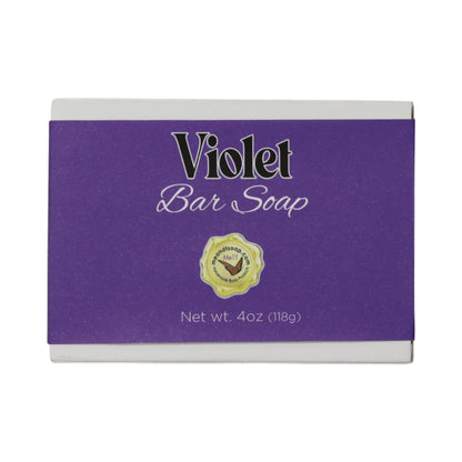 Violet bar soap in a white box with a purple label