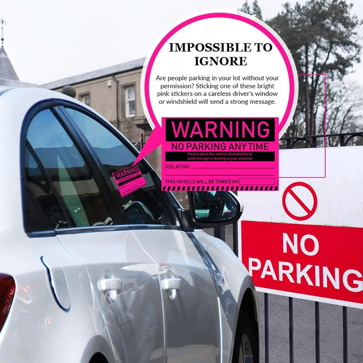 "No Parking Any Time" Pink Very Hard to Remove Parking Stickers - Vegan America