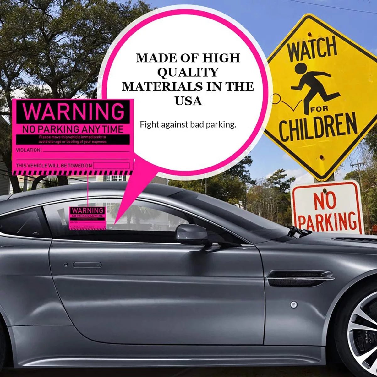 "No Parking Any Time" Pink Very Hard to Remove Parking Stickers - Vegan America
