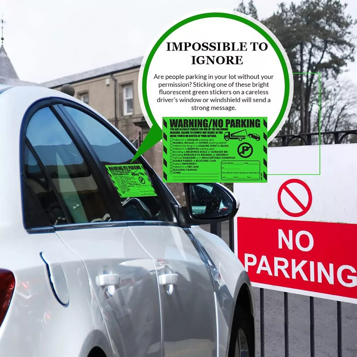 "Warning / No Parking" Green Very Hard to Remove Parking Stickers - Vegan America