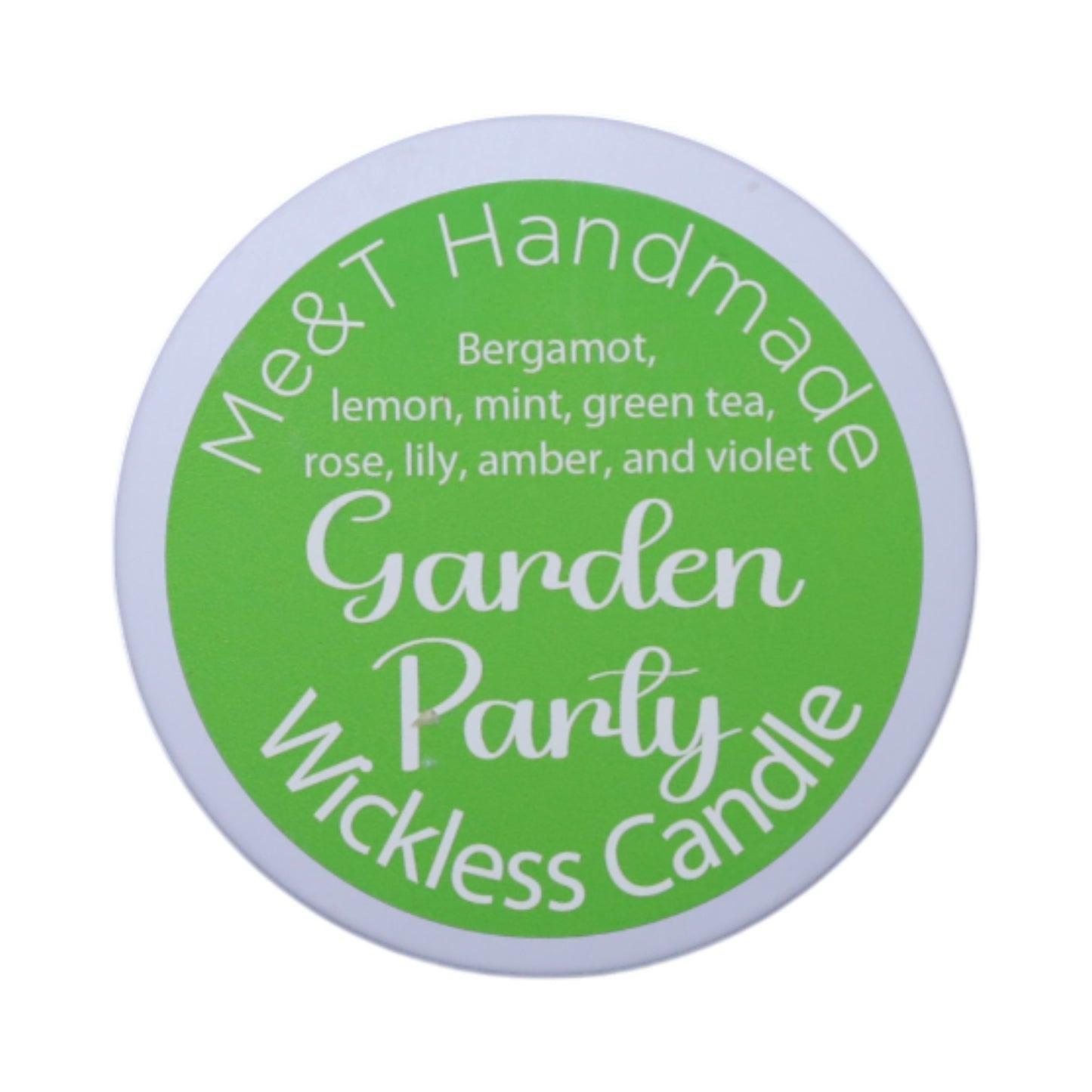 Garden Party wickless candle shown in a white tin with a green label.