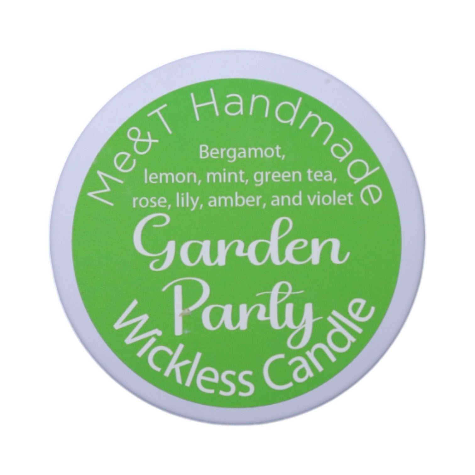 Garden Party wickless candle shown in a white tin with a green label.