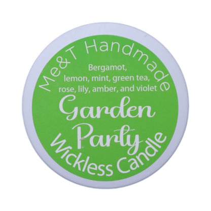 Garden Party wickless candle shown in a white tin with a green label.