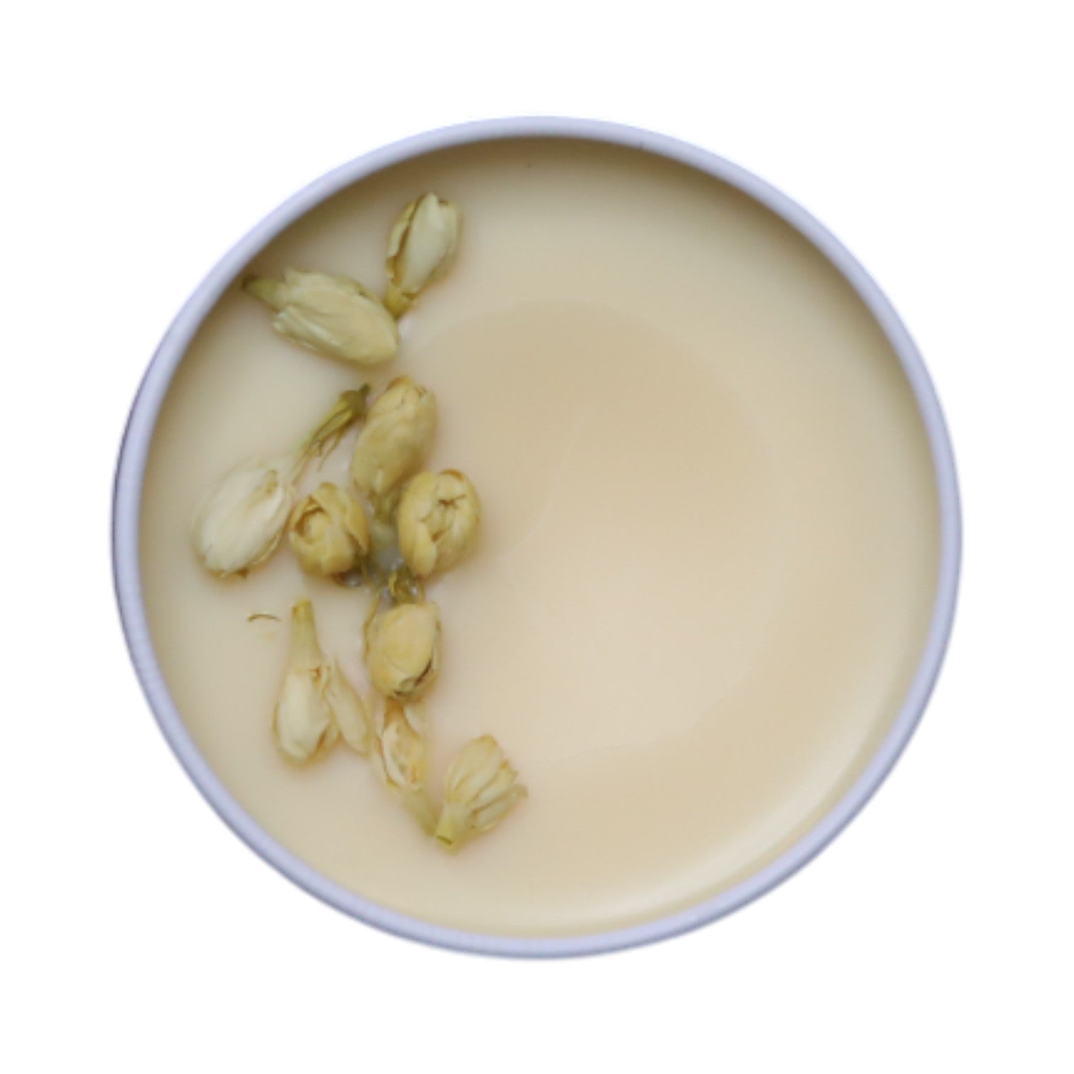 Jasmine Jive Wickless candle inside showing jasmine buds on top of white wax